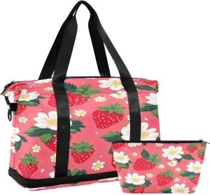 Kigai Strawberry Flowers Gym Bag for Women & Men,Waterproof Weekender Overnight Bag with Shoes Compartment Sports Duffel Bag for Gym Yoga Swimming Camping