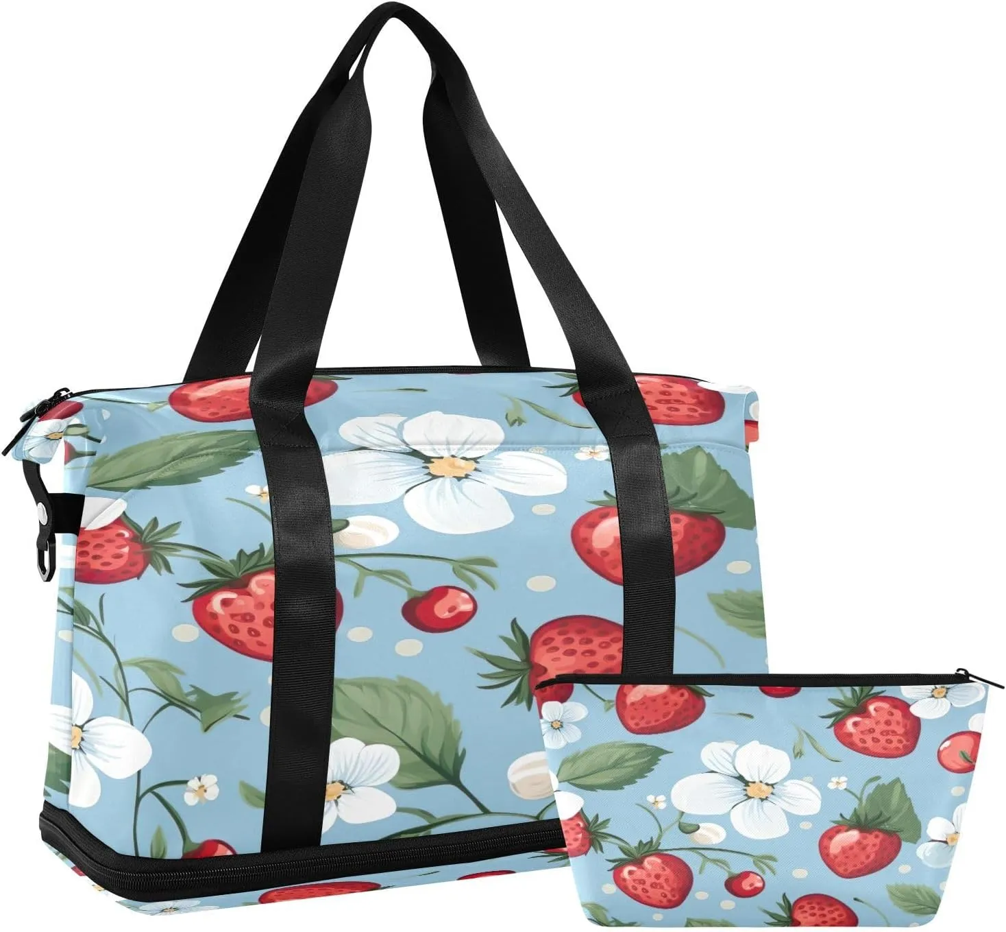 Kigai Strawberry Flowers Gym Bag for Women & Men,Waterproof Weekender Overnight Bag with Shoes Compartment Sports Duffel Bag for Gym Yoga Swimming Camping