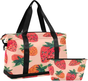 Kigai Strawberry Gym Bag for Women & Men,Waterproof Weekender Overnight Bag with Shoes Compartment Sports Duffel Bag for Gym Yoga Swimming Camping