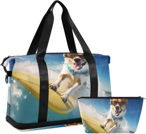 Kigai Surfing Dogs Gym Bag for Women & Men,Waterproof Weekender Overnight Bag with Shoes Compartment Sports Duffel Bag for Gym Yoga Swimming Camping