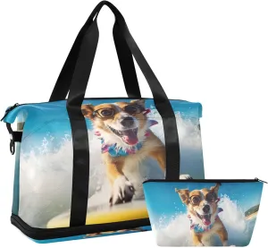 Kigai Surfing Dogs Gym Bag for Women & Men,Waterproof Weekender Overnight Bag with Shoes Compartment Sports Duffel Bag for Gym Yoga Swimming Camping