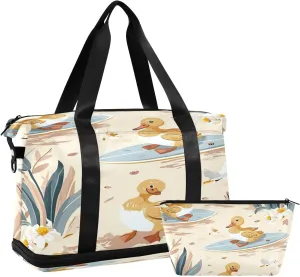 Kigai Surfing Ducks Gym Bag for Women & Men,Waterproof Weekender Overnight Bag with Shoes Compartment Sports Duffel Bag for Gym Yoga Swimming Camping
