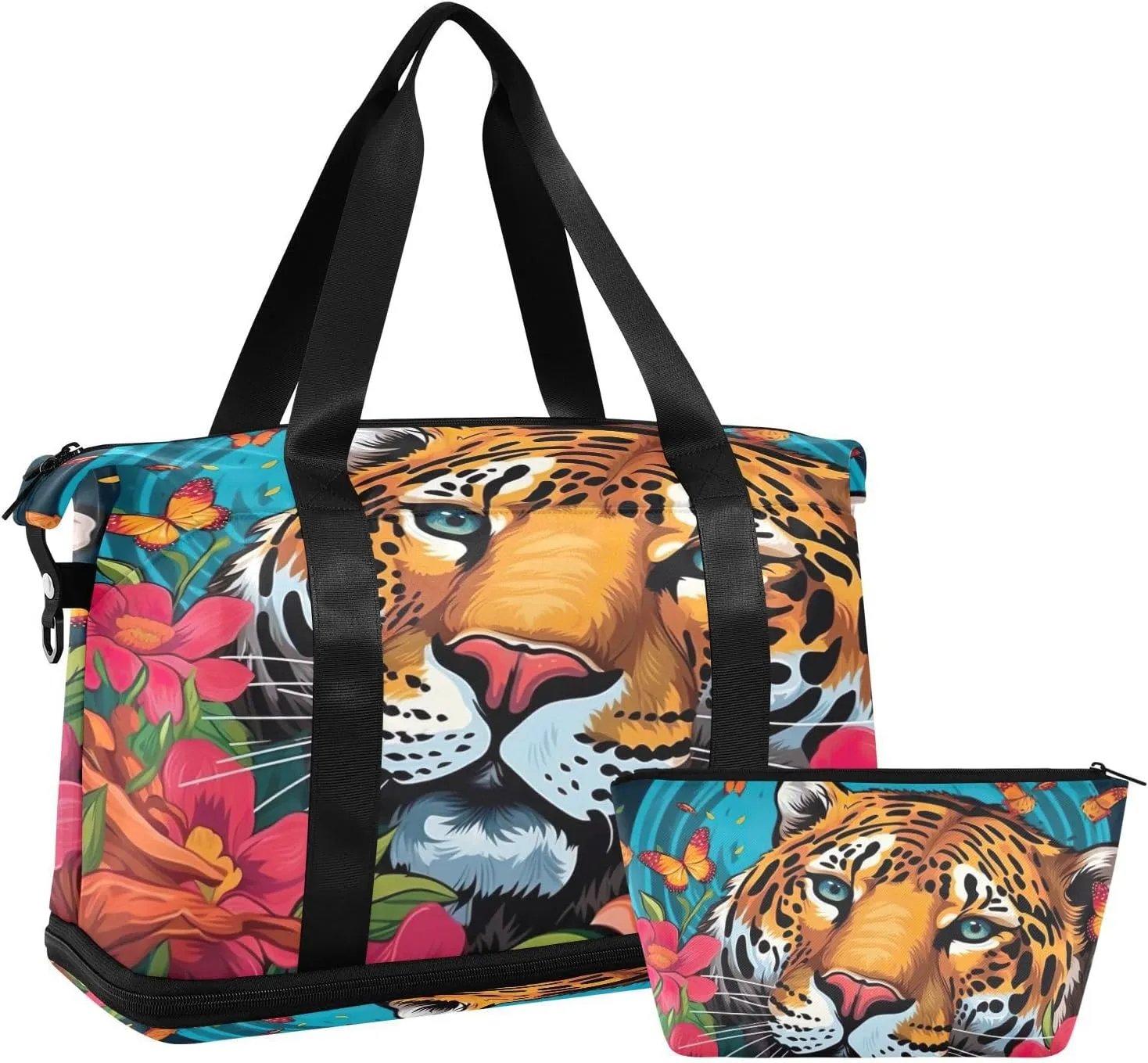 Kigai Tigers Flowers Gym Bag for Women & Men,Waterproof Weekender Overnight Bag with Shoes Compartment Sports Duffel Bag for Gym Yoga Swimming Camping