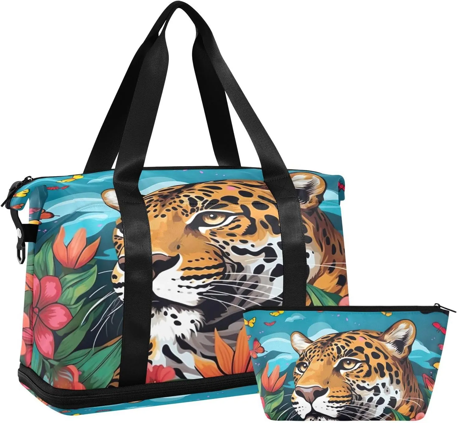 Kigai Tigers Flowers Gym Bag for Women & Men,Waterproof Weekender Overnight Bag with Shoes Compartment Sports Duffel Bag for Gym Yoga Swimming Camping