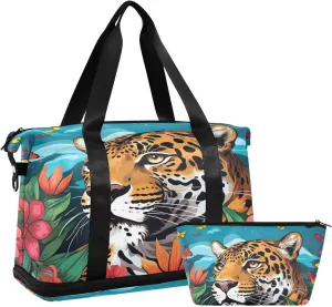 Kigai Tigers Flowers Gym Bag for Women & Men,Waterproof Weekender Overnight Bag with Shoes Compartment Sports Duffel Bag for Gym Yoga Swimming Camping