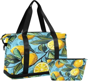 Kigai Vintage Lemon Gym Bag for Women & Men,Waterproof Weekender Overnight Bag with Shoes Compartment Sports Duffel Bag for Gym Yoga Swimming Camping