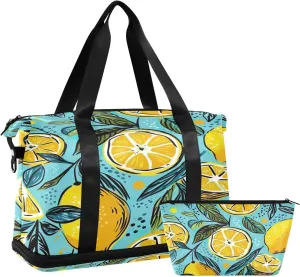 Kigai Vintage Lemon Gym Bag for Women & Men,Waterproof Weekender Overnight Bag with Shoes Compartment Sports Duffel Bag for Gym Yoga Swimming Camping