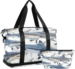Kigai Vintage Sharks Gym Bag for Women & Men,Waterproof Weekender Overnight Bag with Shoes Compartment Sports Duffel Bag for Gym Yoga Swimming Camping