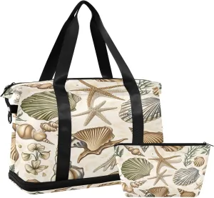 Kigai Vintage Shells Gym Bag for Women & Men,Waterproof Weekender Overnight Bag with Shoes Compartment Sports Duffel Bag for Gym Yoga Swimming Camping