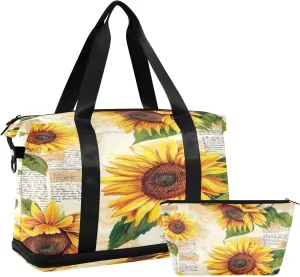 Kigai Vintage Sunflower Gym Bag for Women & Men,Waterproof Weekender Overnight Bag with Shoes Compartment Sports Duffel Bag for Gym Yoga Swimming Camping
