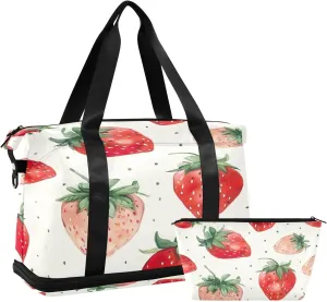 Kigai Watercolor Strawberry Gym Bag for Women & Men,Waterproof Weekender Overnight Bag with Shoes Compartment Sports Duffel Bag for Gym Yoga Swimming Camping