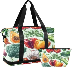 Kigai Watercolor Vegetables Gym Bag for Women & Men,Waterproof Weekender Overnight Bag with Shoes Compartment Sports Duffel Bag for Gym Yoga Swimming Camping