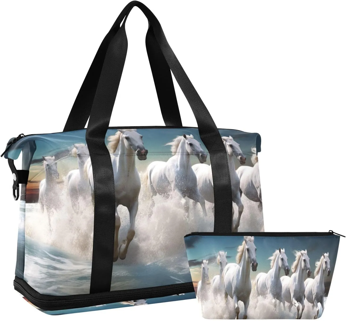 Kigai White Horse Gym Bag for Women & Men,Waterproof Weekender Overnight Bag with Shoes Compartment Sports Duffel Bag for Gym Yoga Swimming Camping