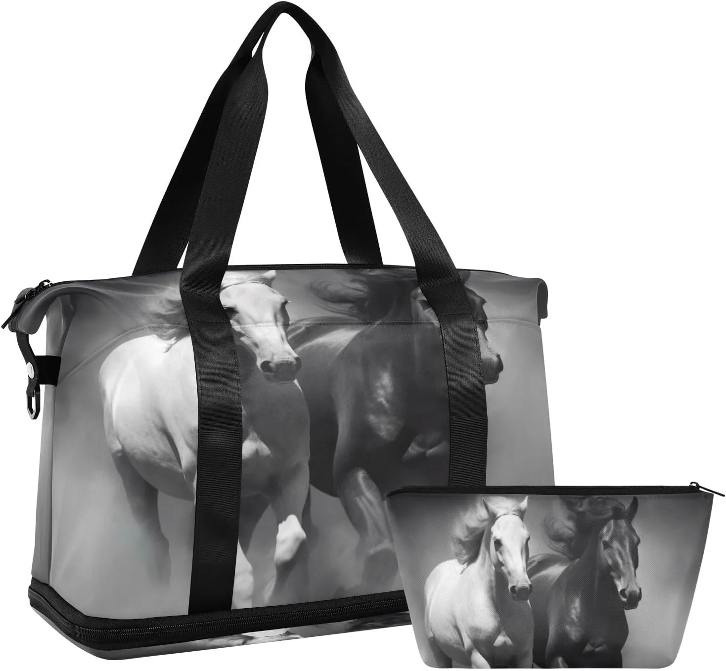 Kigai White Horse Gym Bag for Women & Men,Waterproof Weekender Overnight Bag with Shoes Compartment Sports Duffel Bag for Gym Yoga Swimming Camping