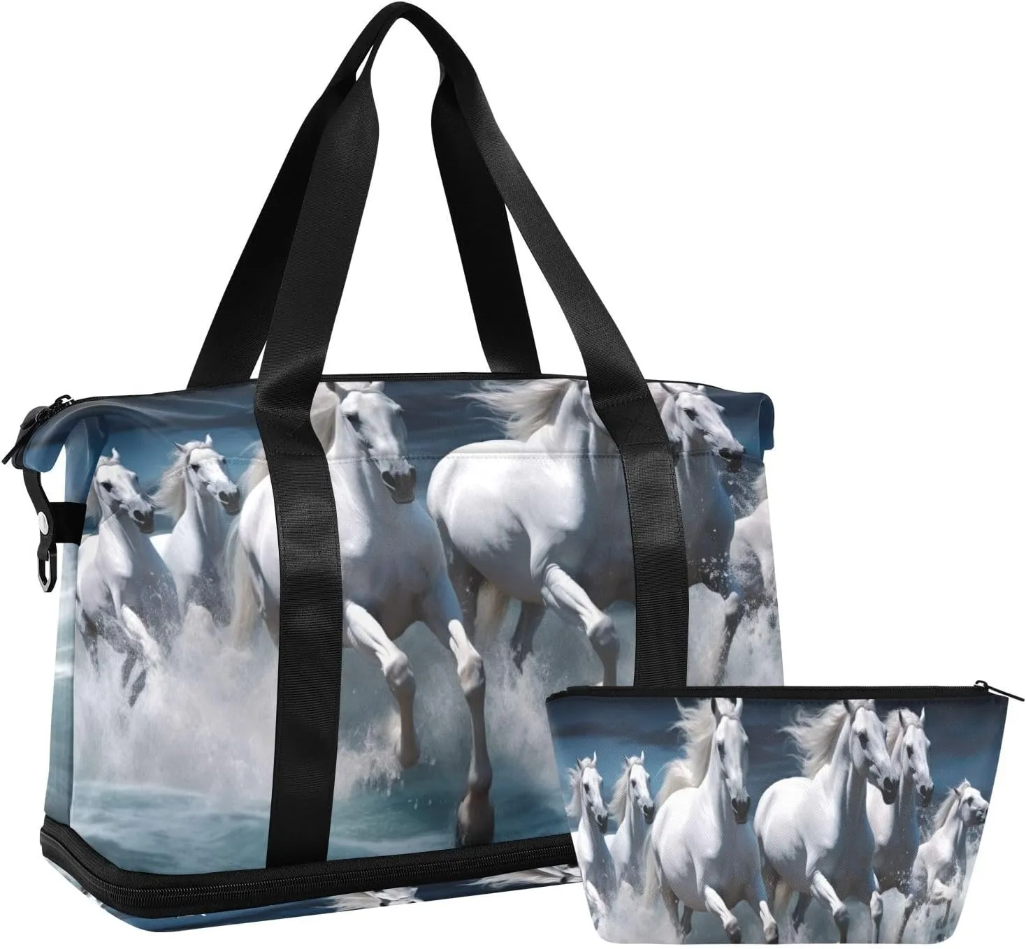 Kigai White Horse Gym Bag for Women & Men,Waterproof Weekender Overnight Bag with Shoes Compartment Sports Duffel Bag for Gym Yoga Swimming Camping