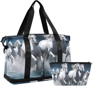 Kigai White Horse Gym Bag for Women & Men,Waterproof Weekender Overnight Bag with Shoes Compartment Sports Duffel Bag for Gym Yoga Swimming Camping