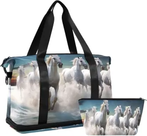 Kigai White Horse Gym Bag for Women & Men,Waterproof Weekender Overnight Bag with Shoes Compartment Sports Duffel Bag for Gym Yoga Swimming Camping