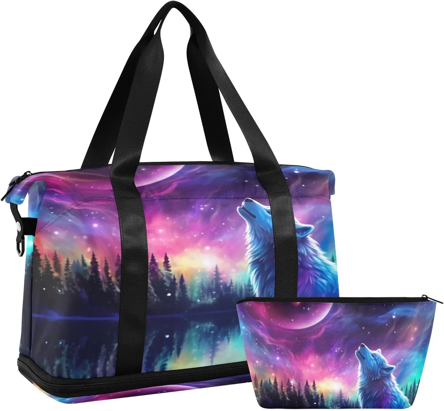 Kigai Wolf Gym Bag for Women & Men,Waterproof Weekender Overnight Bag with Shoes Compartment Sports Duffel Bag for Gym Yoga Swimming Camping