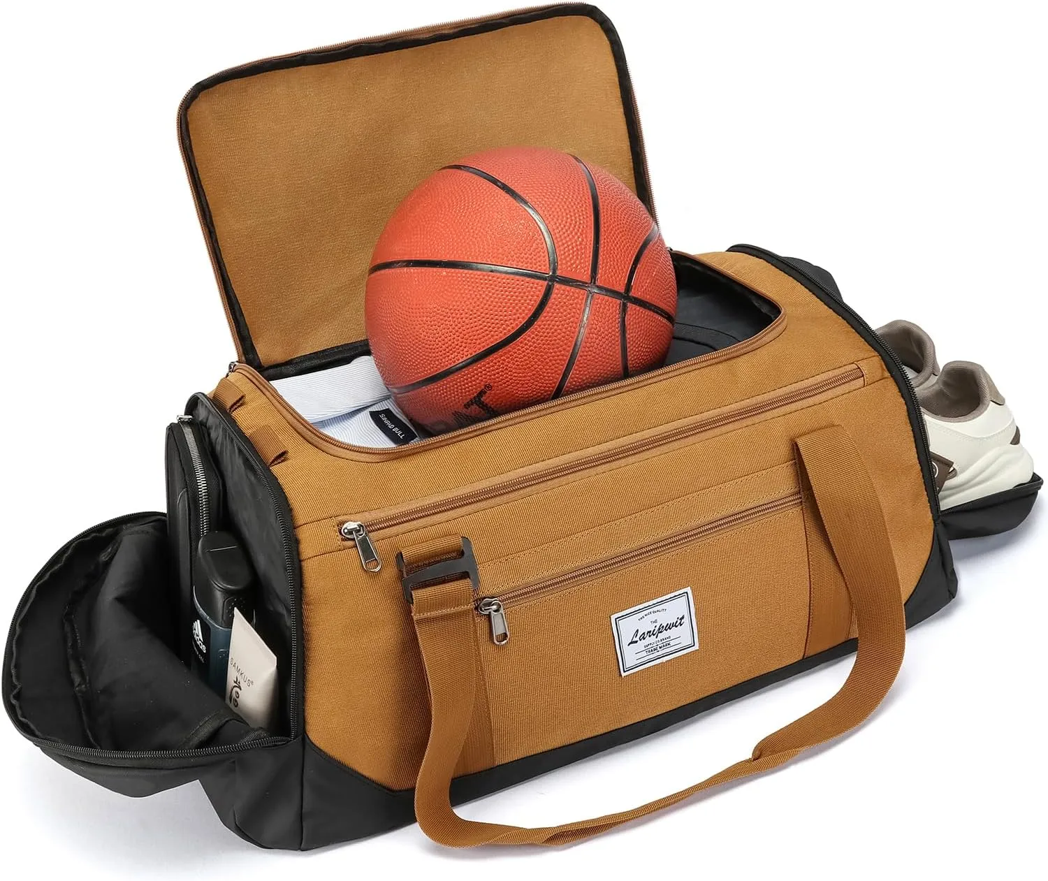 Laripwit Gym Bag Backpack for Men 40L Medium Sports Basketball Duffle Bag with Shoes Compartment & Wet Pocket, Travel Duffel Bag Backpacks for Weekender traveling, Womens Overnight Bag, Brown