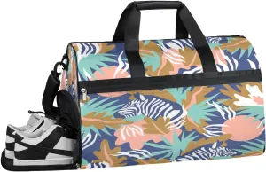Leaves Zebras Resistant Sports Gym Bag for Women Men Travel Duffel bag with Wet Pocket & Shoes Compartment Waterproof Weekender Bag 19.7"x9.9"x13"