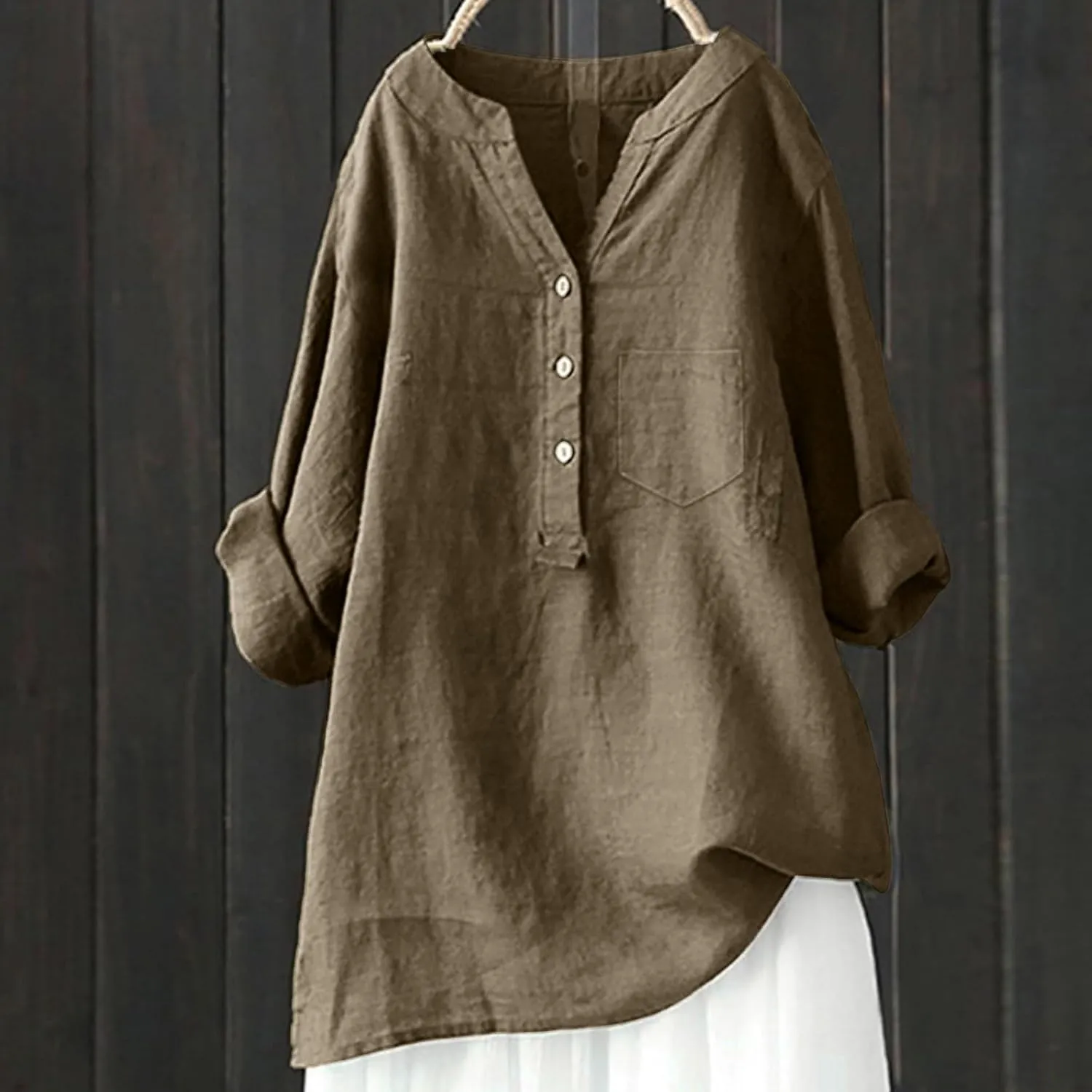 Linen Shirts for Women 3/4 Sleeve Button V Neck Summer Solid Color Gauze Cotton Linen Shirts with Pocket