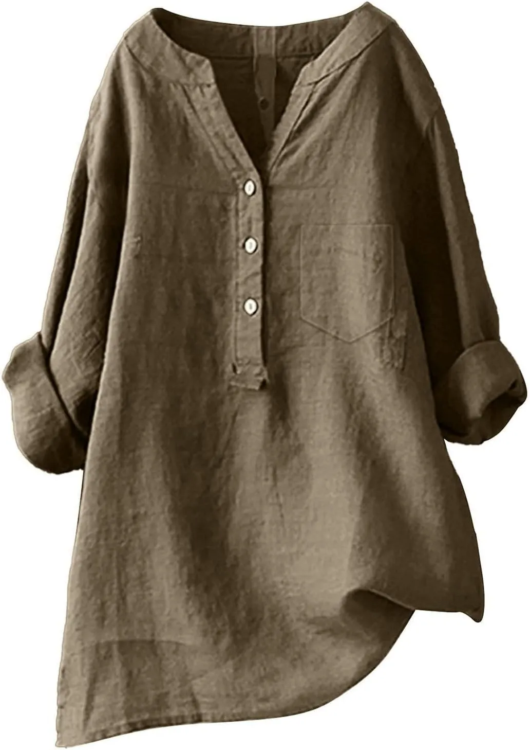 Linen Shirts for Women 3/4 Sleeve Button V Neck Summer Solid Color Gauze Cotton Linen Shirts with Pocket
