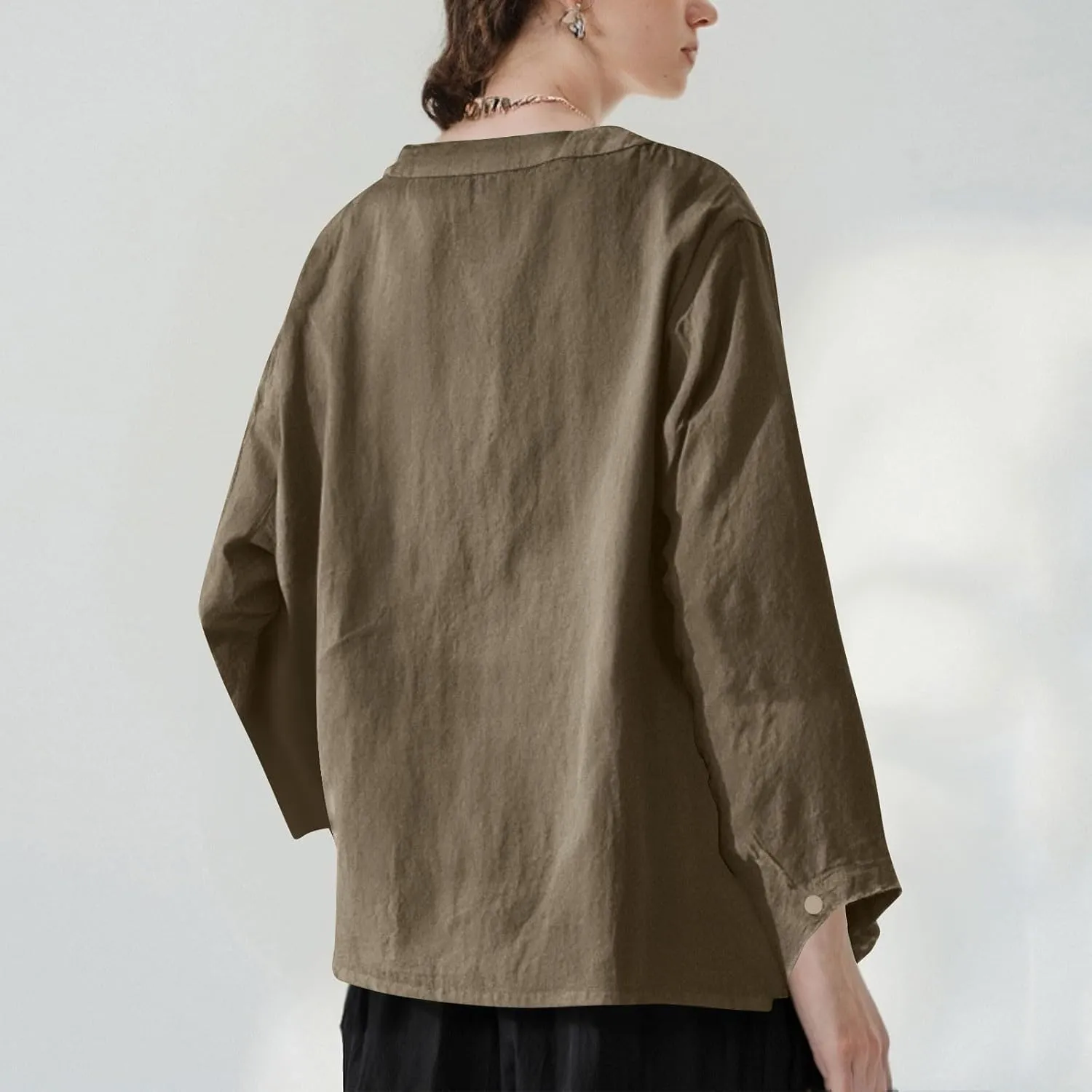 Linen Shirts for Women 3/4 Sleeve Button V Neck Summer Solid Color Gauze Cotton Linen Shirts with Pocket