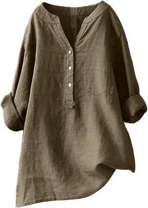 Linen Shirts for Women 3/4 Sleeve Button V Neck Summer Solid Color Gauze Cotton Linen Shirts with Pocket