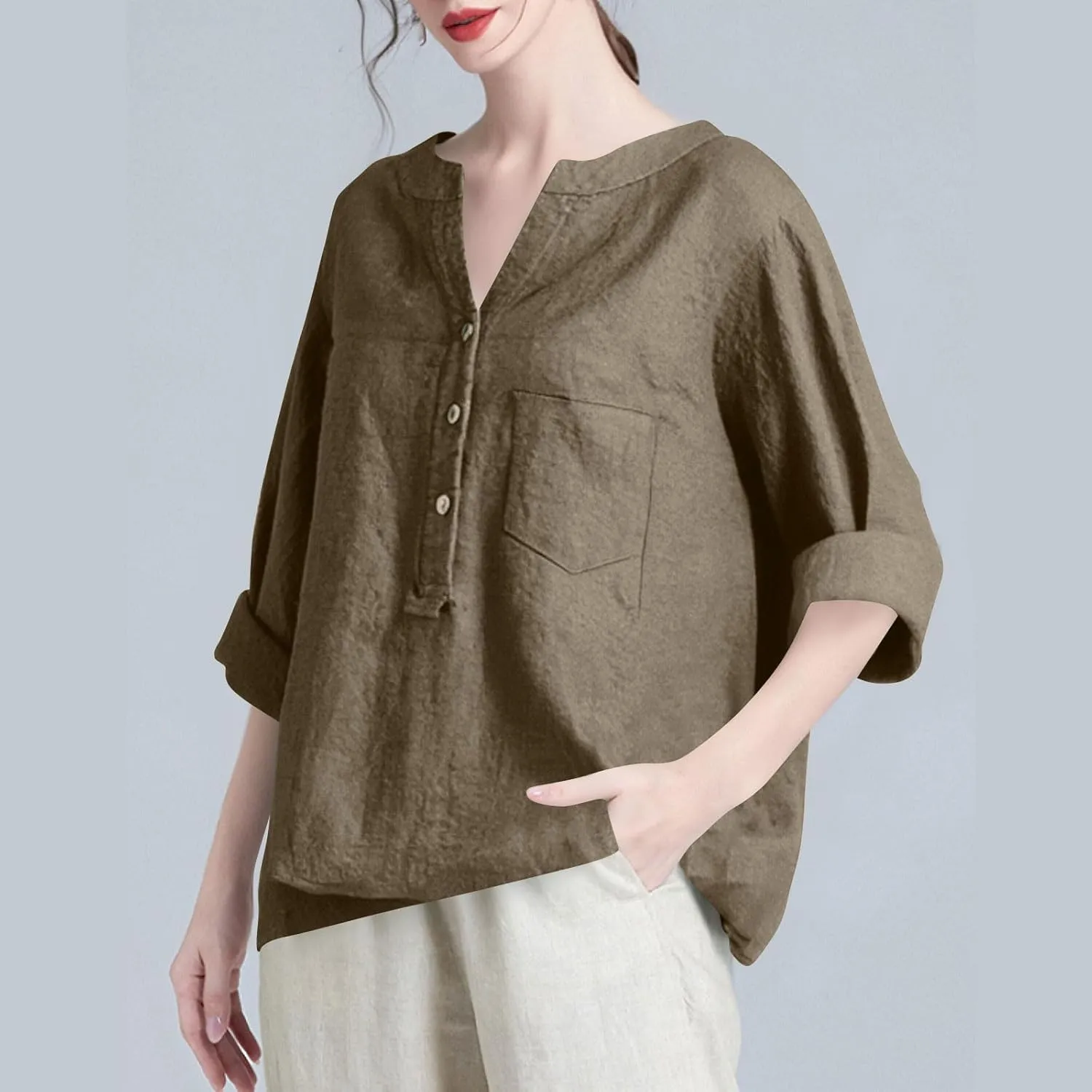 Linen Shirts for Women 3/4 Sleeve Button V Neck Summer Solid Color Gauze Cotton Linen Shirts with Pocket