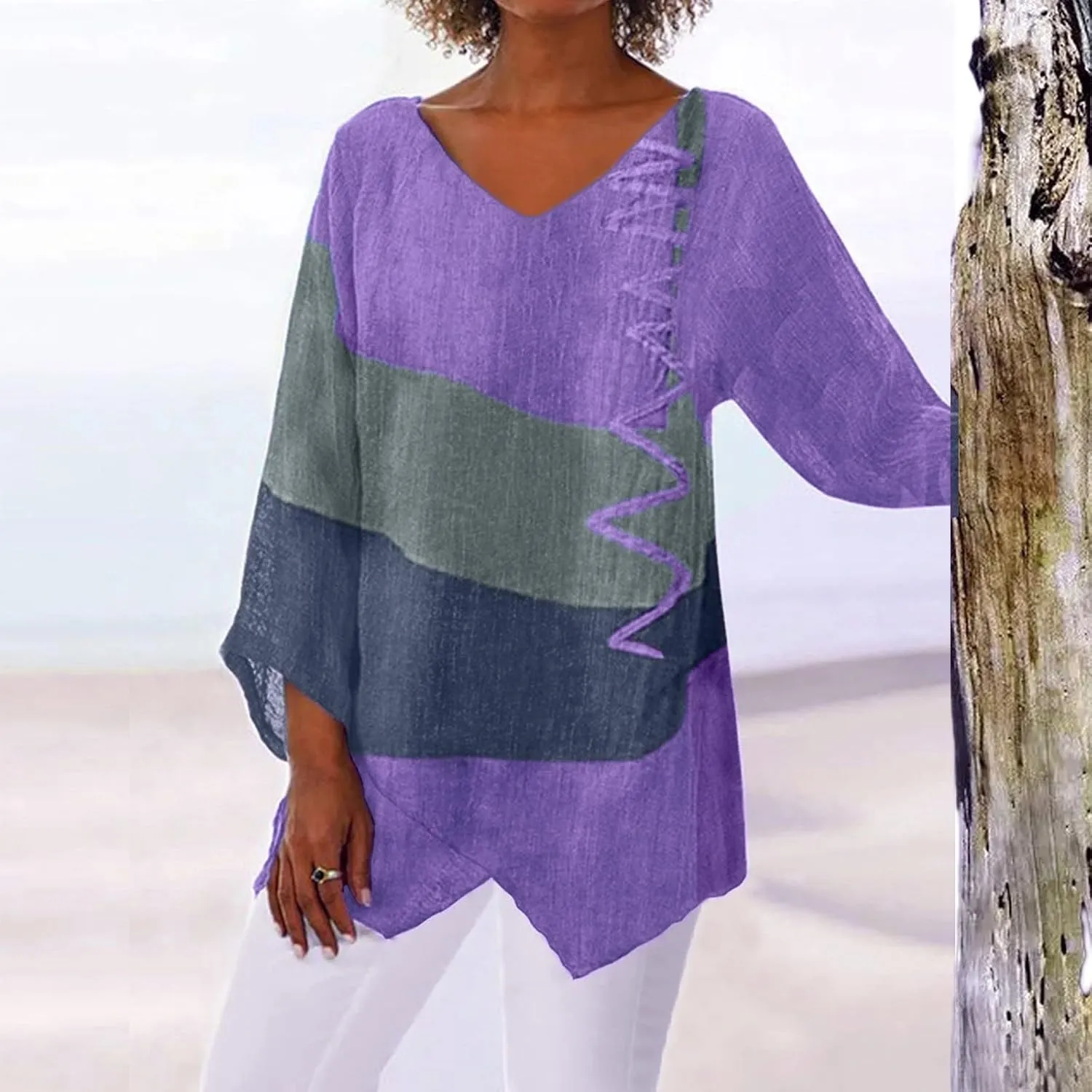 Linen Shirts for Women Loose Fit 3/4 Length Sleeve Summer Tunic Tops 2025 Side Split Dressy Tees Plus Size Blouse