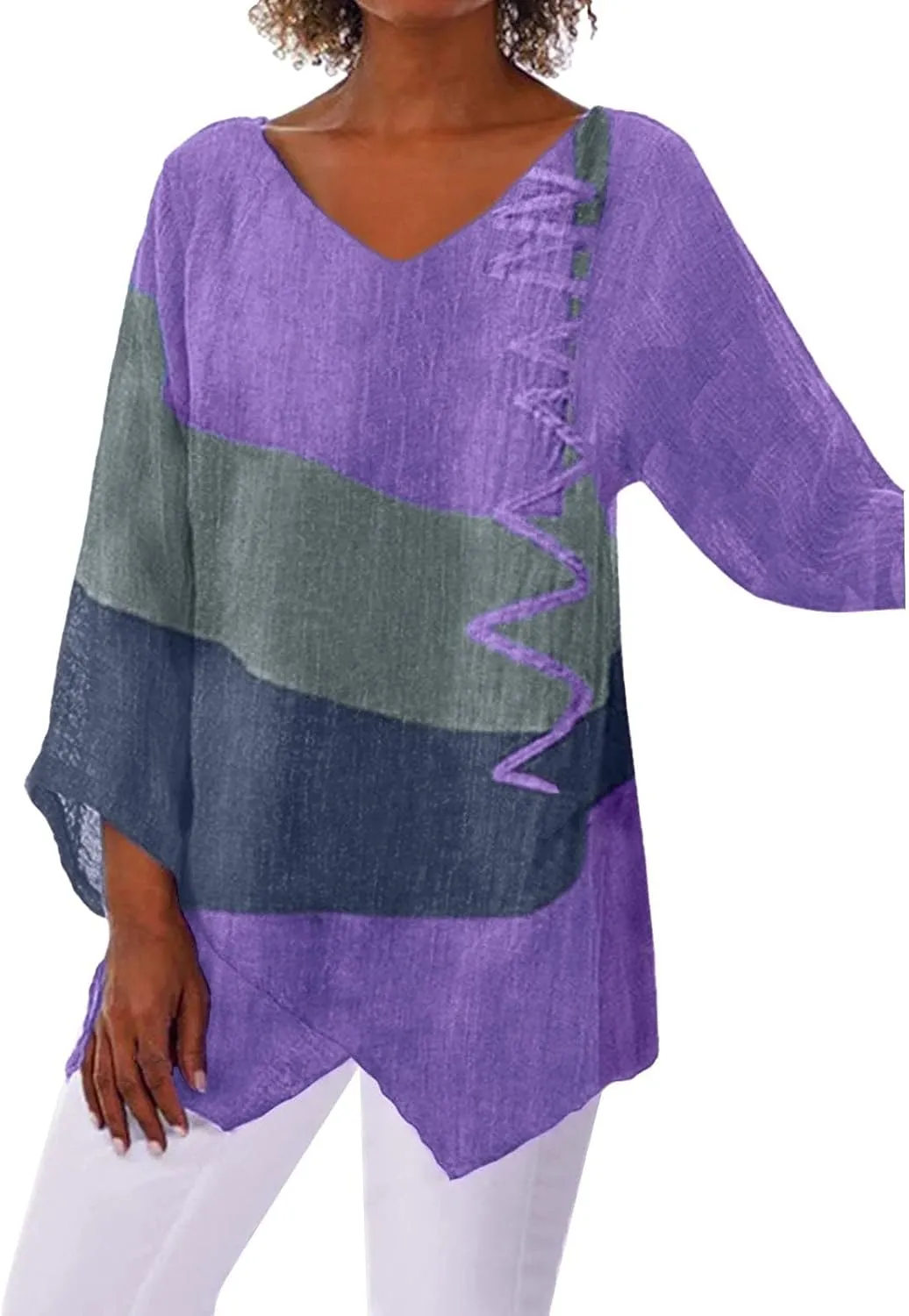 Linen Shirts for Women Loose Fit 3/4 Length Sleeve Summer Tunic Tops 2025 Side Split Dressy Tees Plus Size Blouse