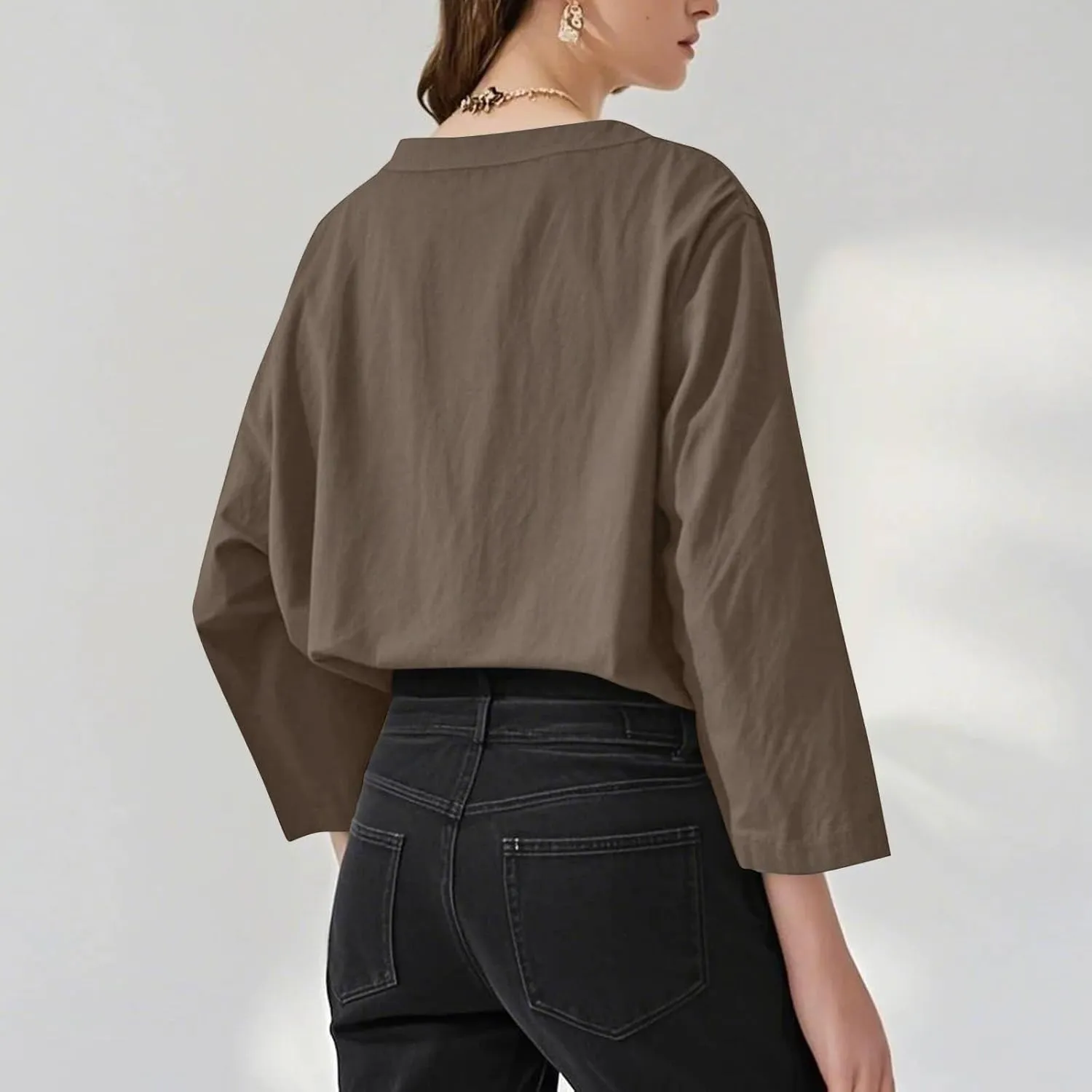 Linen Shirts for Women Summer 3/4 Sleeve Button V Neck Solid Color Cotton Linen Gauze Shirt Casual Office Tshirts