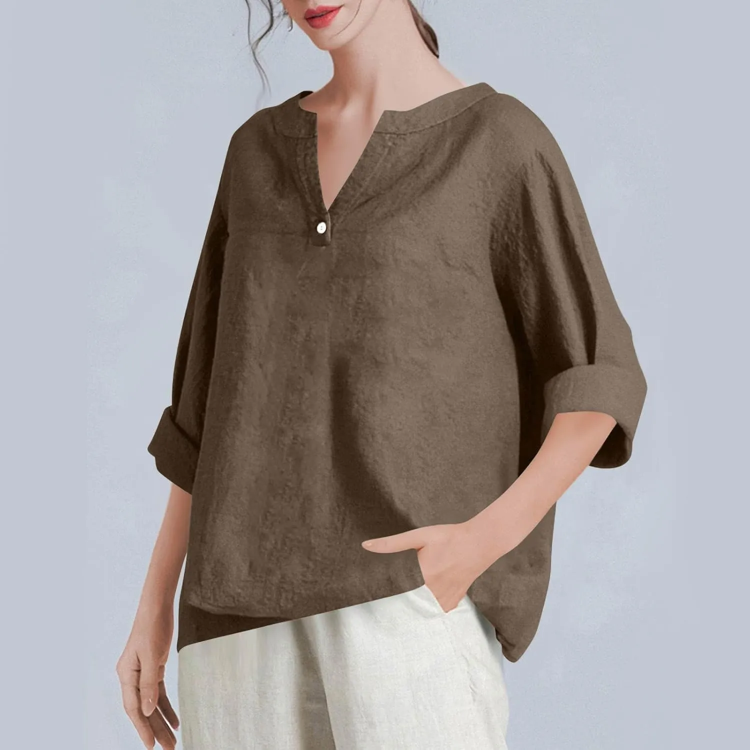 Linen Shirts for Women Summer 3/4 Sleeve Button V Neck Solid Color Cotton Linen Gauze Shirt Casual Office Tshirts