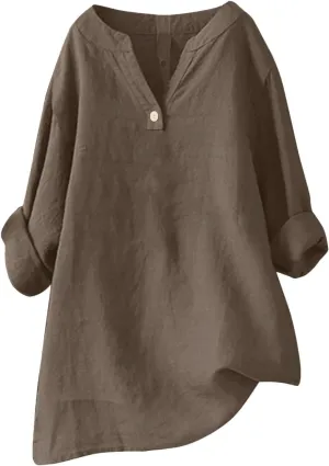 Linen Shirts for Women Summer 3/4 Sleeve Button V Neck Solid Color Cotton Linen Gauze Shirt Casual Office Tshirts