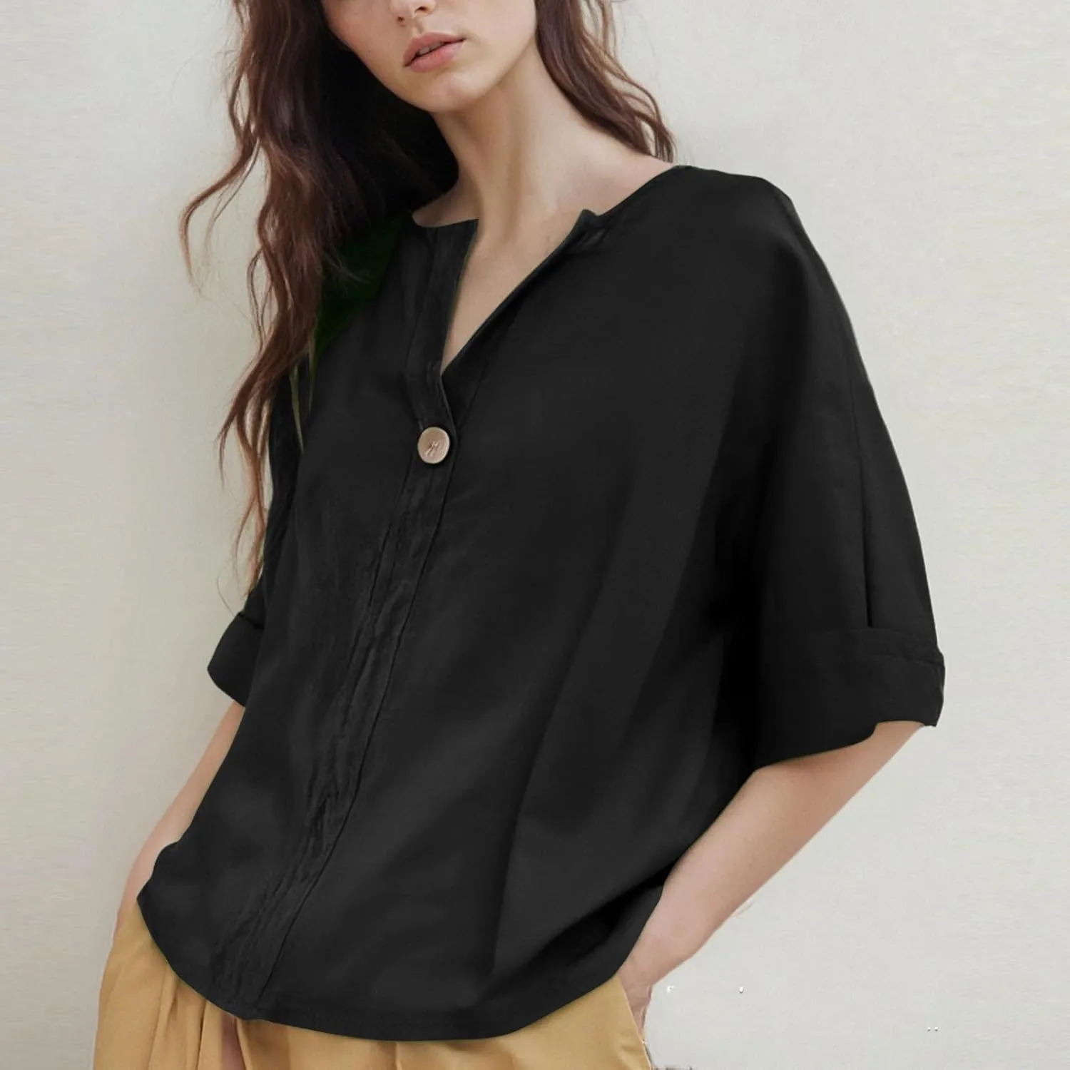 Linen Shirts for Women Summer Gauze Cotton Linen V Neck 3/4 Sleeve Tops Solid Color Loose Business Tunic Blouses