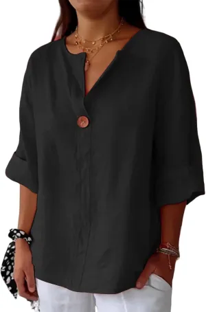Linen Shirts for Women Summer Gauze Cotton Linen V Neck 3/4 Sleeve Tops Solid Color Loose Business Tunic Blouses