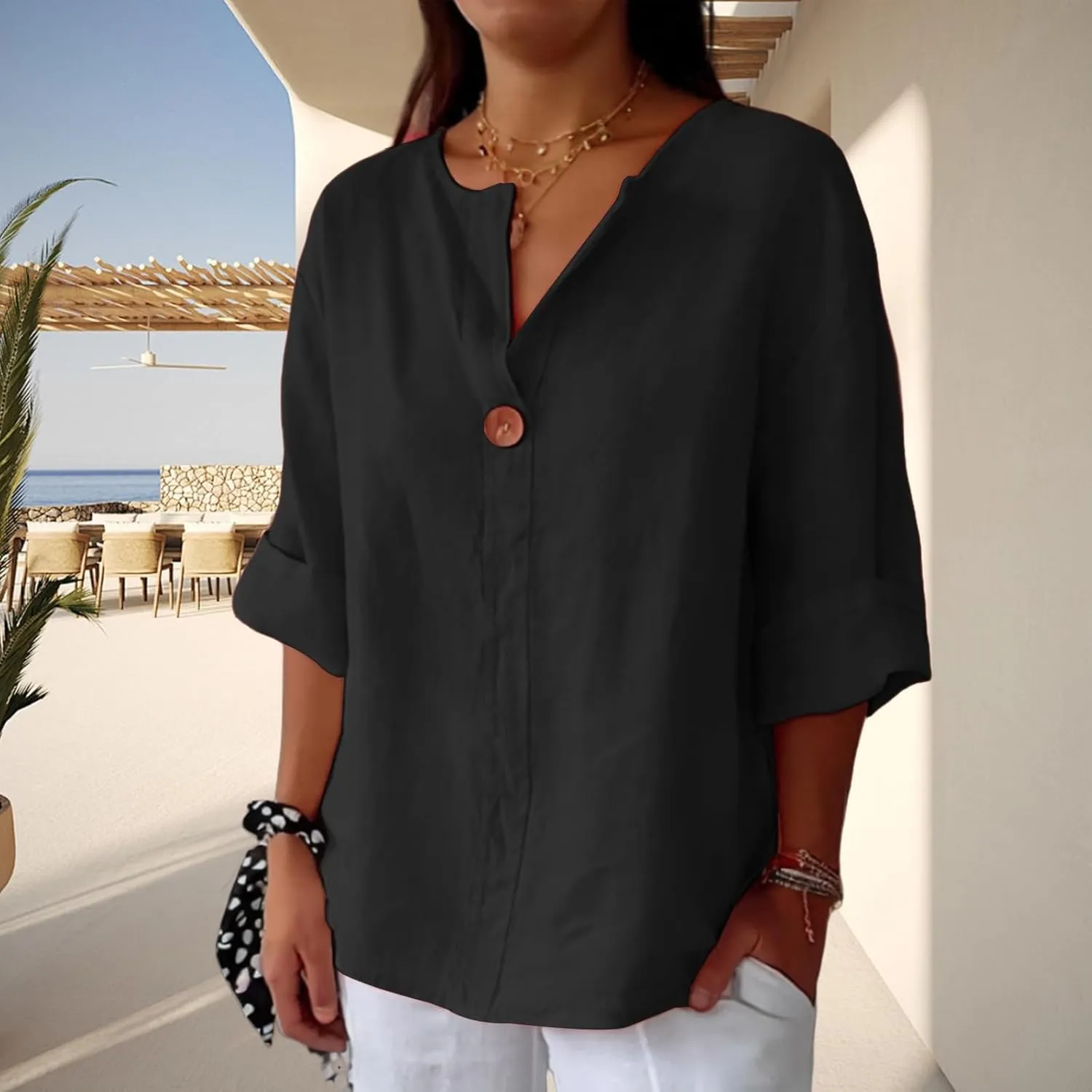 Linen Shirts for Women Summer Gauze Cotton Linen V Neck 3/4 Sleeve Tops Solid Color Loose Business Tunic Blouses
