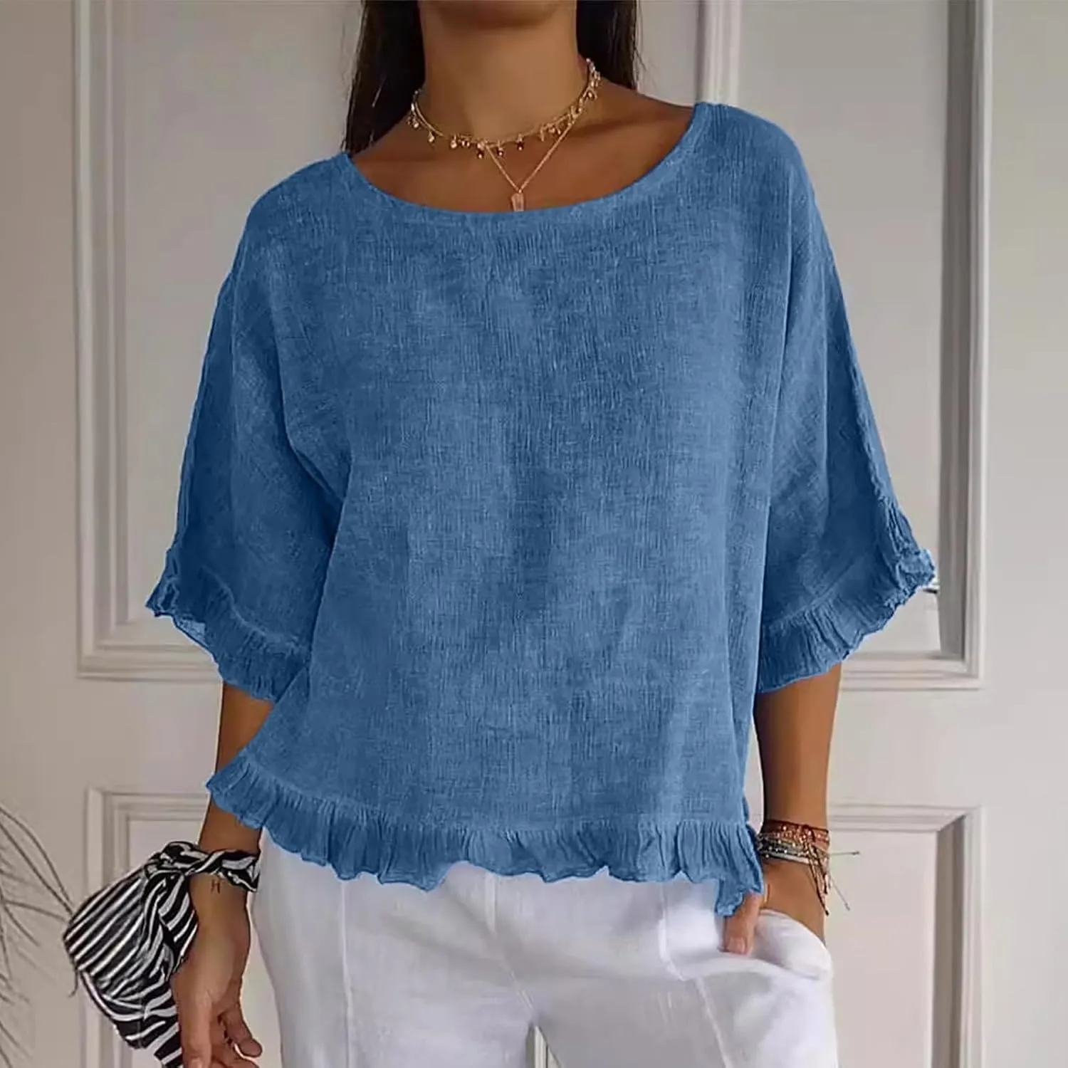 Linen Tops for Women Summer Beach Wear Trendy Short Sleeve Casual Ruffle Pleated Hem Shirts Crew Neck Blouse