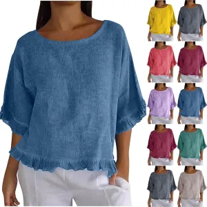 Linen Tops for Women Summer Beach Wear Trendy Short Sleeve Casual Ruffle Pleated Hem Shirts Crew Neck Blouse