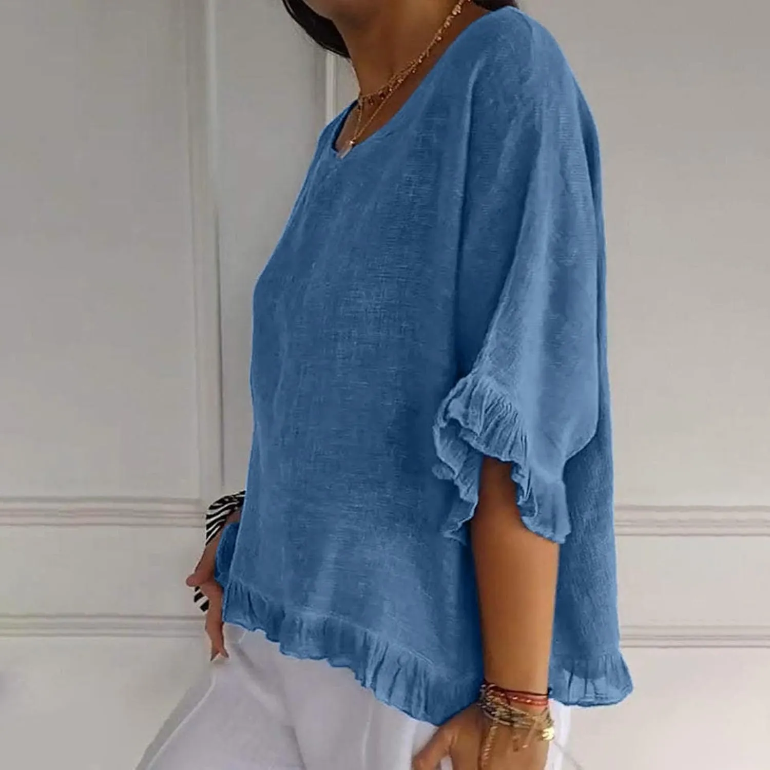 Linen Tops for Women Summer Beach Wear Trendy Short Sleeve Casual Ruffle Pleated Hem Shirts Crew Neck Blouse