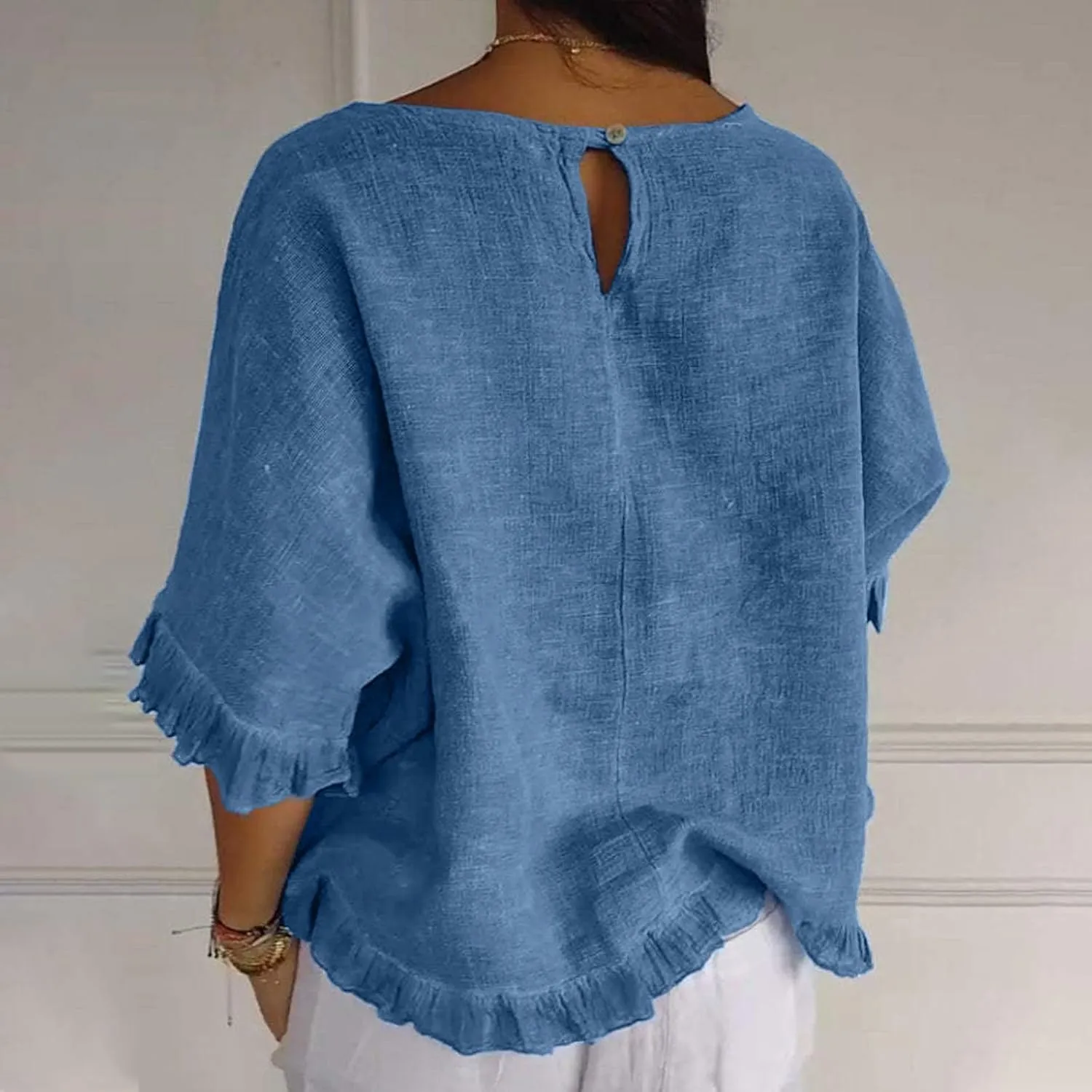 Linen Tops for Women Summer Beach Wear Trendy Short Sleeve Casual Ruffle Pleated Hem Shirts Crew Neck Blouse