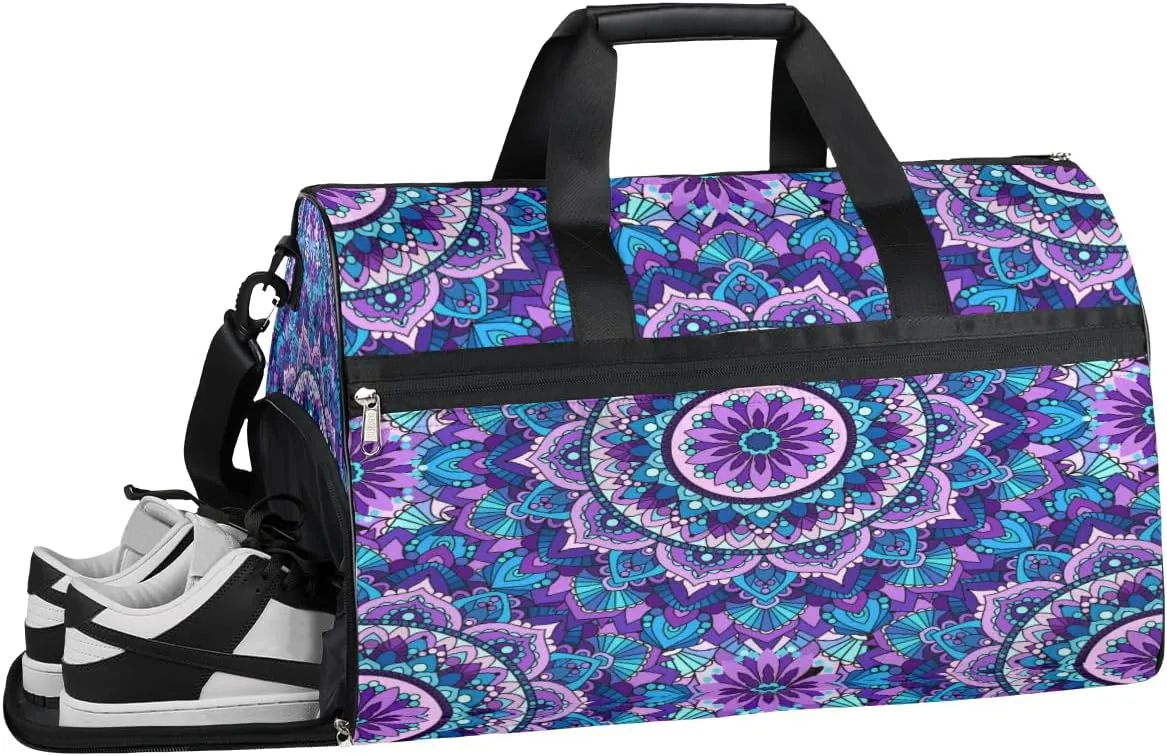 Mandala Purple Resistant Sports Gym Bag for Women Men Travel Duffel bag with Wet Pocket & Shoes Compartment Waterproof Weekender Bag 19.7"x9.9"x13"