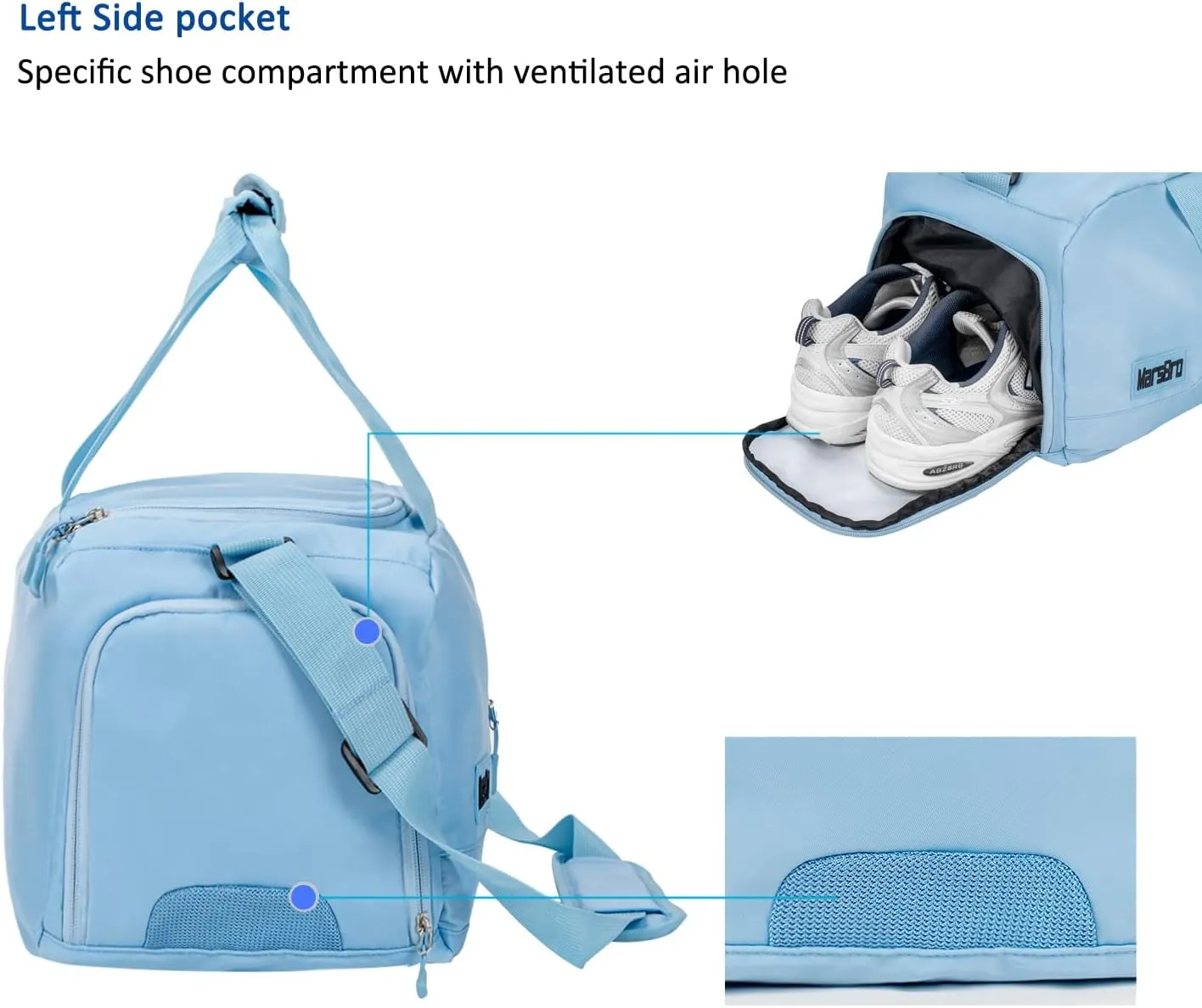 MarsBro Water Resistant Sports Gym Travel Weekender Duffel Bag with Shoe Compartment (Light Blue)