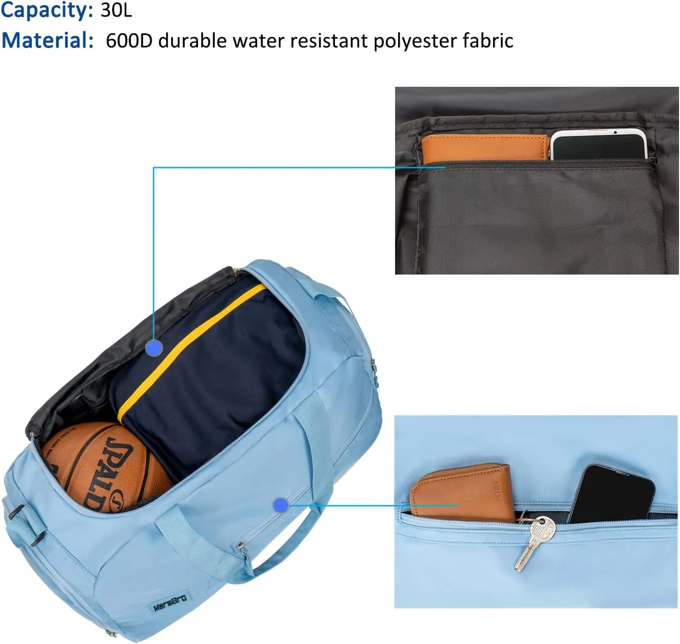 MarsBro Water Resistant Sports Gym Travel Weekender Duffel Bag with Shoe Compartment (Light Blue)