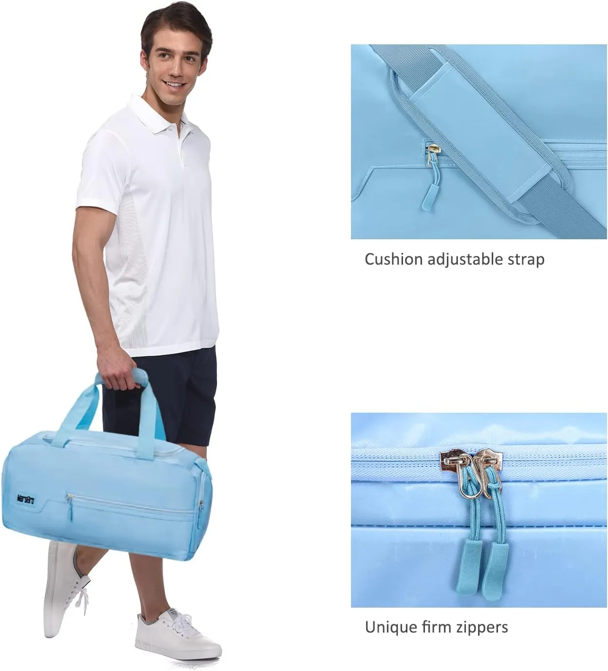 MarsBro Water Resistant Sports Gym Travel Weekender Duffel Bag with Shoe Compartment (Light Blue)
