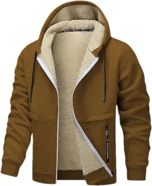 Men Drawstring Hooded Zipper Jacket Thicken Classic Long Sleeve Knitted Plush Coat