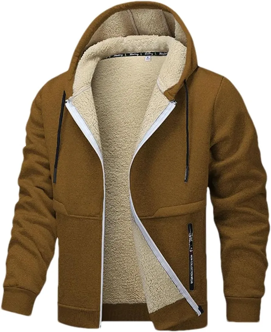 Men Drawstring Hooded Zipper Jacket Thicken Classic Long Sleeve Knitted Plush Coat