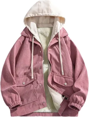 Men Patchwork Drawstring Hooded Corduroy Jacket Classic Zipper Button Long Sleeve Coat