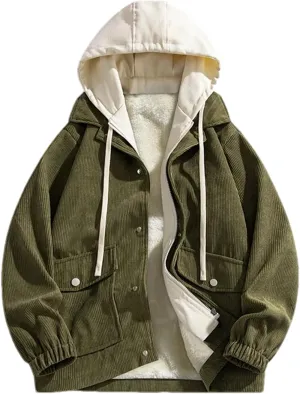 Men Patchwork Drawstring Hooded Corduroy Jacket Classic Zipper Button Long Sleeve Coat