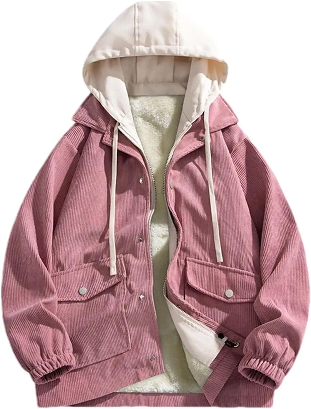 Men Patchwork Drawstring Hooded Corduroy Jacket Classic Zipper Button Long Sleeve Coat